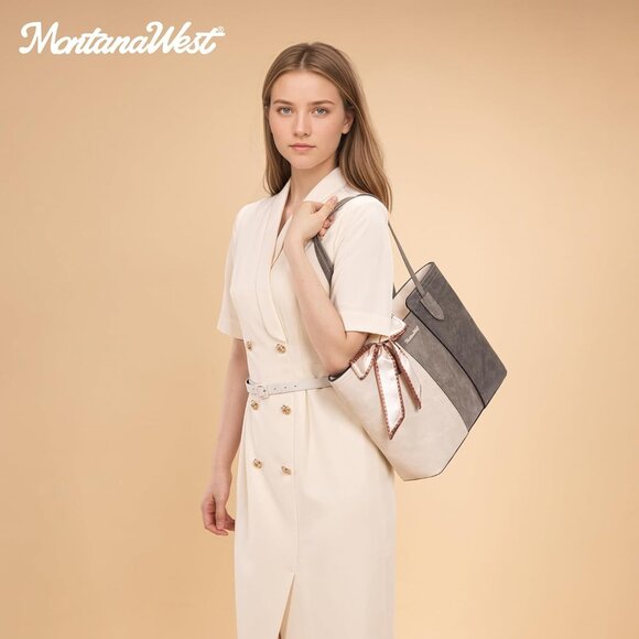 Women Beige With Grey Imported Vegan Leather Medium Top Handle Satchel Tote Bags - Picture 6 of 6